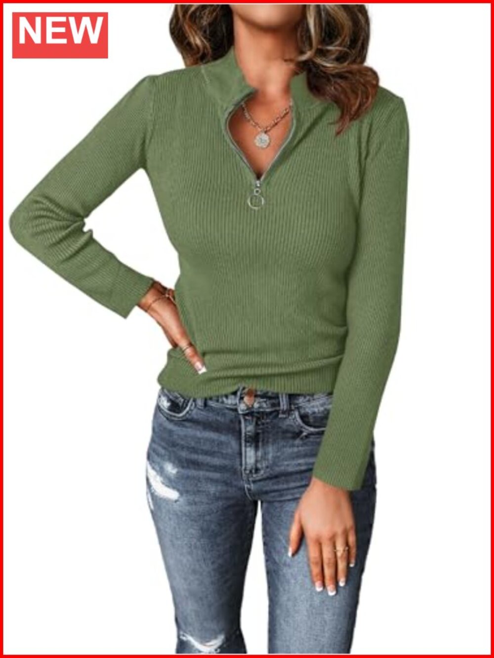 Quarter Zip Mock Neck Rib Fitted Sweater Long Sleeve Pullover